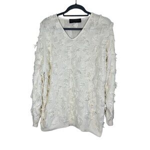 Retro Knit Fringe Sweater White L Neutral Classic Chic Preppy Fuzzy 80s Artsy